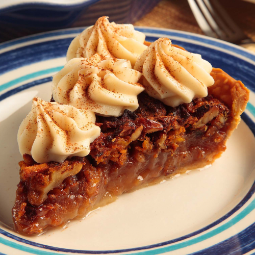 carrot cake pie on plate with whip topping